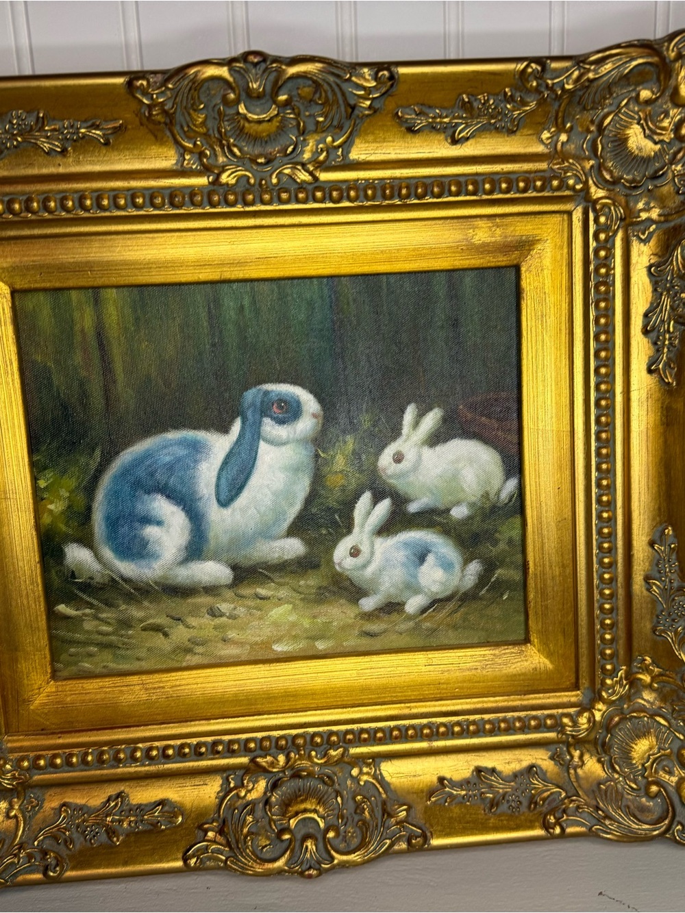 Vintage Rabbit Oil Painting Ornate Gold Gilded Baroque Frame 16.5" x 14.5"